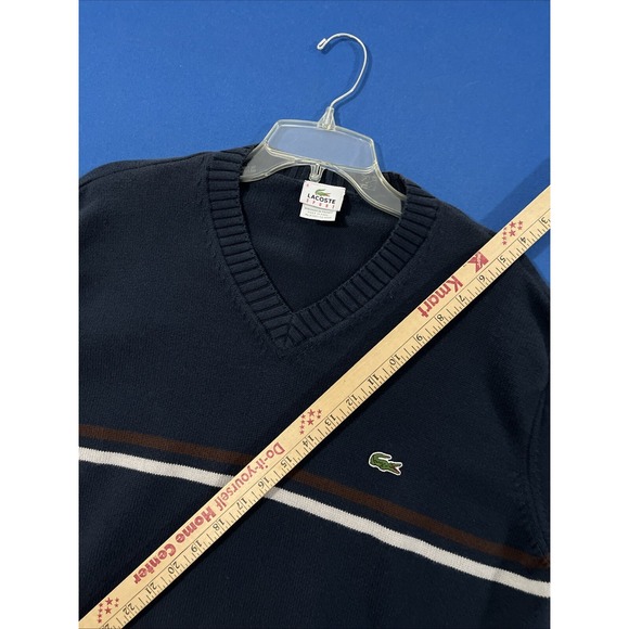 VTG‎ Lacoste Sport V-Nwck Sweater Mens Size 6 L/XL Navy Blue Chest Logo Stripe - Picture 1 of 9